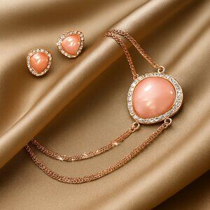 Rose Gold tone & Peach Stone Pendant Necklace & Matching Earrings Jewelry Set